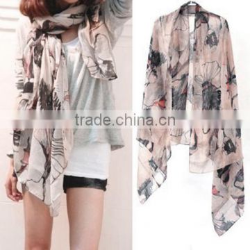 Khaki Begonia Flower Ink Style Long Cotton Neck Scarf Shawl