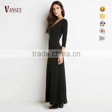 Plain black slim fit elegant deep V long sexy evening dress