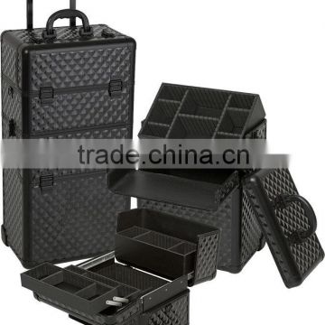 2 in 1 Black Aluminum Rolling Makeup Cosmetic Train Case Beauty Box