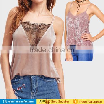 2017 Latest sexy sleeveless V Neck spaghetti strap summer wear design Velvet Camisole tops blouse for women