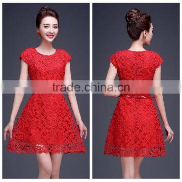 newest red lace plain young girl short sleeve casual dress