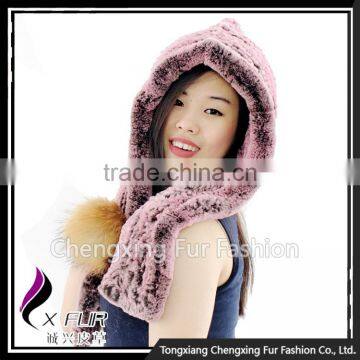 CX-C-242D Women Fashion Fur Hooded Scarf Winter Rex Rabbit Fur Hat photo-6