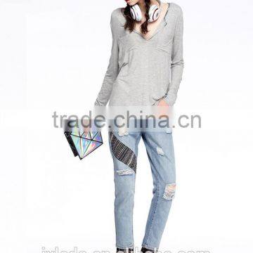 Slim Fit Women Gray Long Sleeve Large V-neck t Shirt photo-3