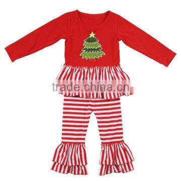 2017 New Style Christmas tree applique strip ruffle outfits children baby girls boutique clothing sets kid toddler fall outfits