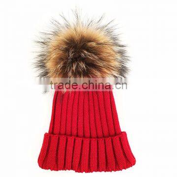 Myfur Lady Fashion Real Raccoon Fur Pompom Striped Knit Hat Wholesale