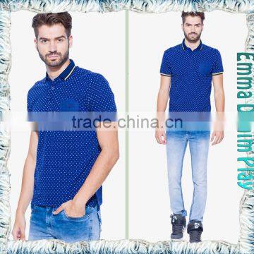 Latest Fashion Man's Blue Chest Pocket Printed Dots Polo Shirts photo-4