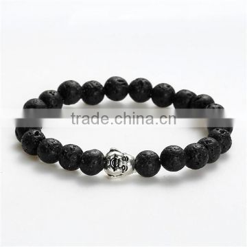 New Fashion Stone Lava Beaded Healing Bracelet Black Antique Silver Buddha Statue Head Elastic