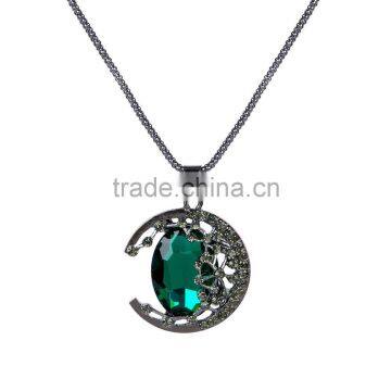 New Fashion Popcorn Chain Faceted Malachite Green & Black Rhinestone Gunmetal Moon Pendant Necklace