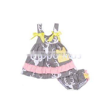 New fashion gray pink deer dress and diaper cover wholesale children's boutique clothing baby girl summer outfits