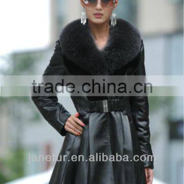 New style of leather long jacket with big fox fur collar