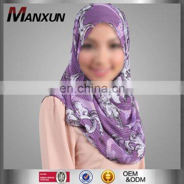 OEM Service Muslim Women Chiffon Porple Stripe Flower Islamic Ladies Square Headscarf