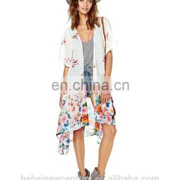 2015 Women Chiffon Cardigan Colorful Flower Printing Short Sleeve Maxi Long Weding Evening Dress