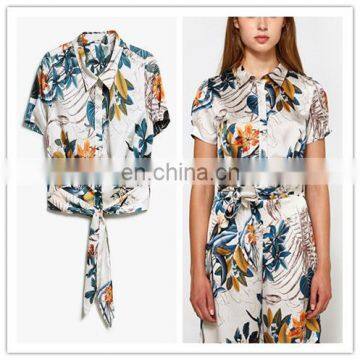 Stylish Flora Printedl Short Tops Summer fashion short sleeve Ladies Blouses With tie