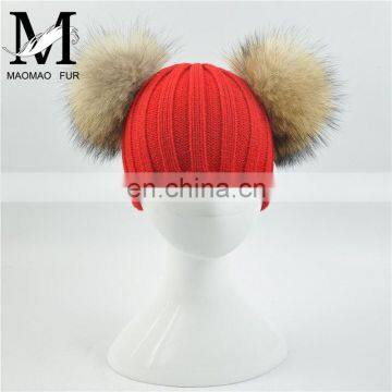 High Quality Kids Knitted Beanies Hat Double Big Raccoon Fur Pom Pom Hat Baby photo-5