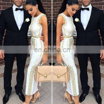 Amigo 2017 New Design White Sleeveless High Slit Heavy Beaded Sexy Bandage Dress Maxi Expensive Evening Dresses for Women Party photo-3
