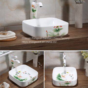 WC Sanitary ware colorful ceramic bathroom hand painted chinese style good sale green sqaure no hole wash hand basin