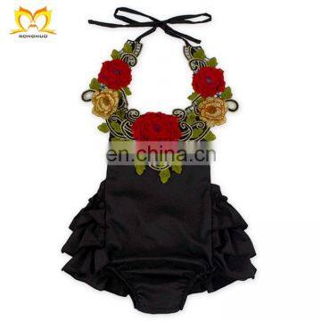 Toddler Rose Flower Plain Black Three Layers Ruffle Baby Clothes Wholesale Trendy Baby Girls Romper