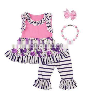 Newest Design Kids Girl Clothing Set Sleeveless Stripe Floral Baby Ruffle Boutique Outfit