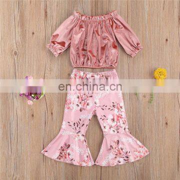 2 Pcs Infant Baby Girls Sexy Outfits, Toddler Long Sleeve Off-the-shoulder Top + Floral Print Flared Trousers photo-7