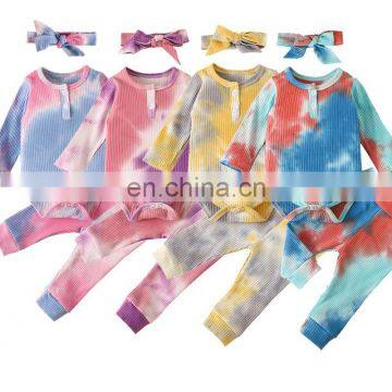 8colors New Design Tie Dye Pit Cotton Infant Romper Clothing Full Pant Baby Girls Fall Outfit Sets With Headband photo-2