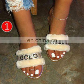 New 2021 Summer Winter Women Slippers Fashion Metal Bling Slides Fur Fringe Flat Slides Ladies Shoes photo-3