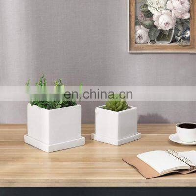 Big Large Indoor Rectangular Outdoor White Small Modern Ceramic Succulent Planter Flower Pots Set With Tray Saucer photo-2