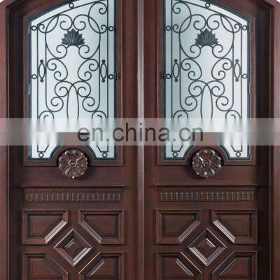 Luxury Bronze Double Wood Wrought Iron Entry Doors With Frosted Glass