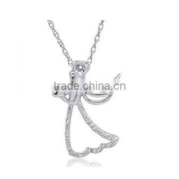 Angel With Heart Diamond Pendant-Necklace In Sterling Silver Chain