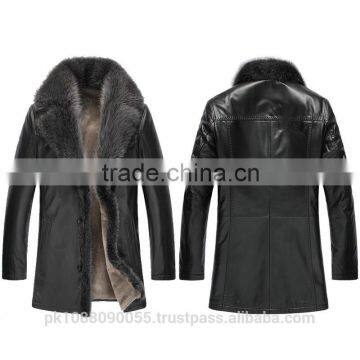 Mens Winter Sheepskin Shearling Leather Coat With Raccoon Fur Trim Black photo-3