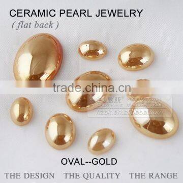 Wholesale flat back pearl glod color oval ceramics pearl beads & crystal rhinestone can resist high temperate