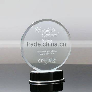 Personal logo design round glass crystal award plaque with black base