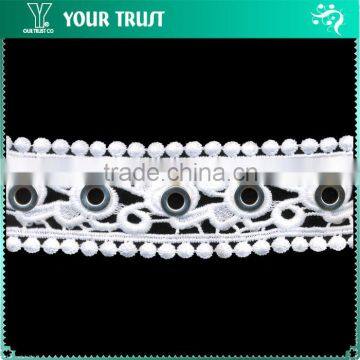 White Polyester Lace Rhodium Flat 17MM Metal Grommet Eyelet Trimming photo-2