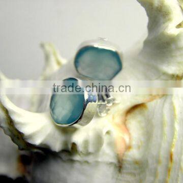 Blue Chalcedony Oval Facet Cabochon Stud Earrings, 925 Solid Sterling Silver Earrings, Designer Stud Earrings