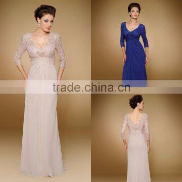 Brilliant Nude V-neckline Satin Beading Lace floor length Backless Mother Of The Bride Dress 2015(MOTB-004)