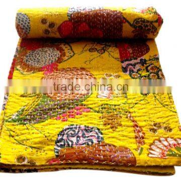 RTHKG-33 Yellow Color Elegant Look Floral Printed Indian Traditional Bengali Kantha Gudari Bedspread Wholesaler Throws