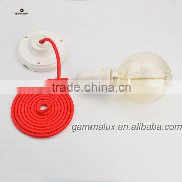 E27 White Ceramic Ceiling Rose Lamp Holder with Bright Red Fabric Wire Cord