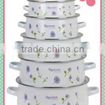 Elegant Light Blue Flower Decal Enamel Cooking Pot Set 14/16/18/20/22cm Cast Iron Stew Pot