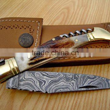 A SLIM/SMART STAG HORN HANDLE DAMASCUS STEEL LAGUIOLE KNIFE WITH CORK SCREW