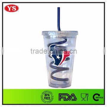 Eco-friendly Plastic Insulated 16oz double wall tumbler with curly straw