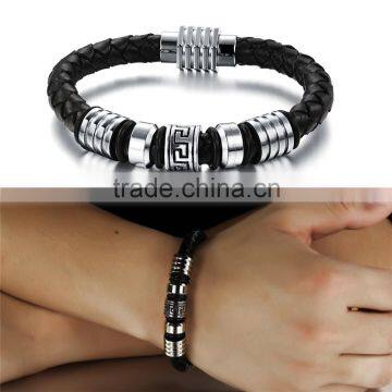 Mens Genuine Leather Bracelet With Magnetic Clasp Stainless Steel Beads photo-4