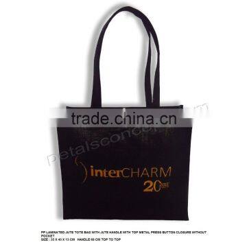Burlap bag from India with jute handle & with press button closure