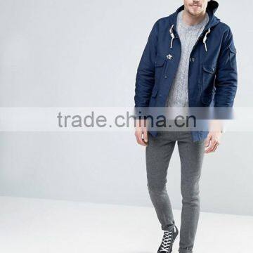 2017 Best Price Durable Press-Stud Fastening Drawstring Hood 100% Cotton Twill Navy Casual Men Winter Jacket photo-4