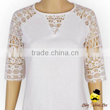 Wholesale Western Women Transparent Lace Floral Half Sleeve Cotton Harem Raglan Lady Modern Shirt Top Blouse photo-2