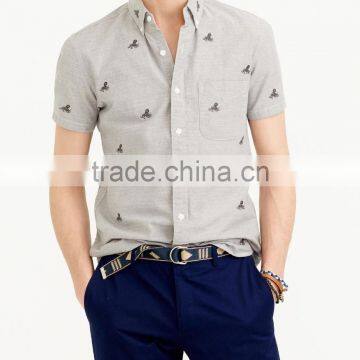 2015 new arrival short-sleeve chambray shirt with embroidered octopi button-down collar with pocket