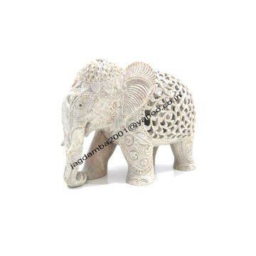 Rare Stone Inlay Saluting Elephant Solid White Marble Colorful Alabaster Art photo-3