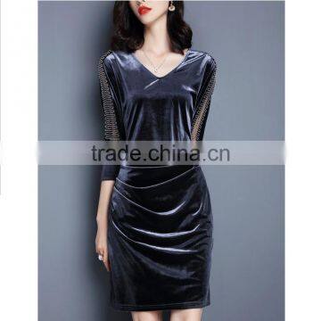 B41008A Hot sale fashion bodycon velvet dress women V neck dress