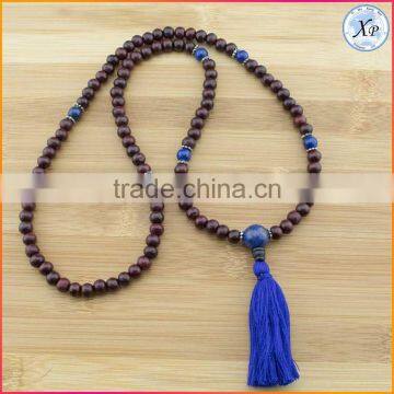 XP-PN-1478 Yiwu wholesale gemstone 8mm wood brown mala beads necklace wooden beads tassel necklace