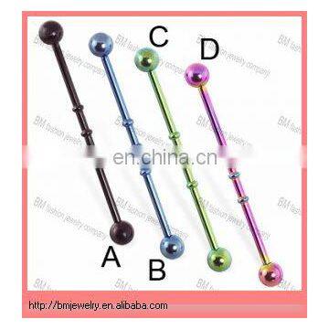 Titanium anodized triple notched industrial barbell, 14 gauge,bamboo design body piercing jewelry rings