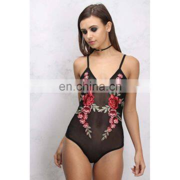 ladies sexy see through bodysuit mesh spaghetti strap sleeveless rose flower embroidered patchwork top