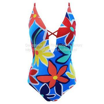 Front Deep v Sexy Swimsuit Floral Soft Padded Bathing Suit Women\'s One Piece Swimwear